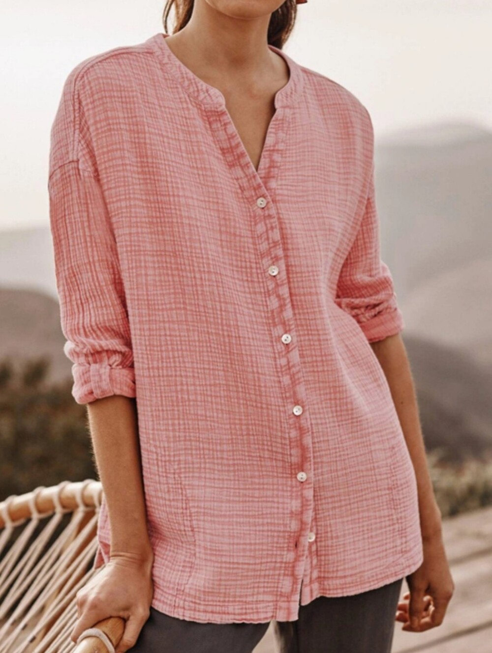 J. Jill Purejill Soft Pink Gauzy Cotton Roll Tab Sleeve Button Down Shirt Medium